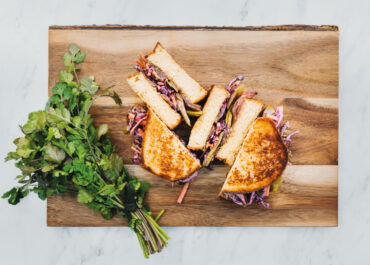 Tuna Pastrami Sandwich, toasted brioche and coleslaw salad